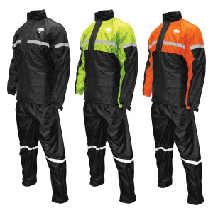 Photo showing StormRider rainsuit (Pants and jacket) in Black, Hi-Vis Yellow, and Orange on white backgroundPhoto showing StormRider rainsuit (Pants and jacket) in Black, Hi-Vis Yellow, and Orange on white background - 3/4 view